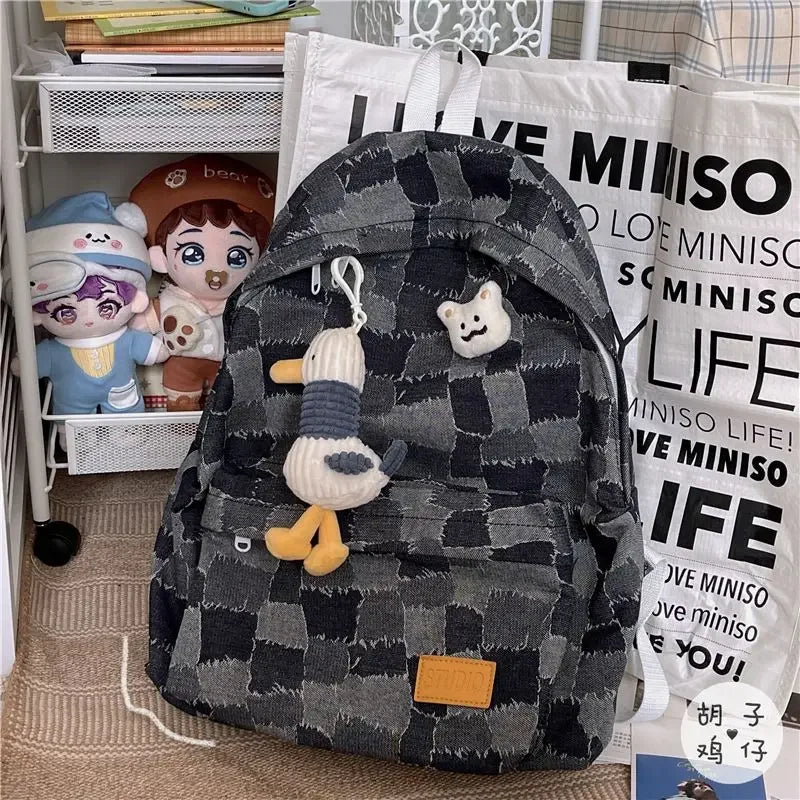 Futurecen  -  fancy bags Korea Preppy High School High-capacity Student Backpack Vintage Plaid Denim Y2k Aesthetic Travel Backpack Office Lady Laptop Bag