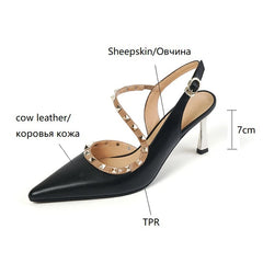 Futurecen  -  NEW Summer/Spring Women Shoes Pointed Toe Thin Heel Sandals Rivet High Heels Concise Genuine Leather Shoes Dress Shoes for Women