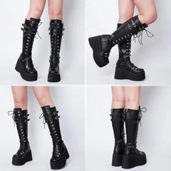 Futurecen  Brand New High Chunky Heeled Women Boots Mid-calf Knee High Motorcycle Platform Buckle Chain Lace-up Gothic Booties