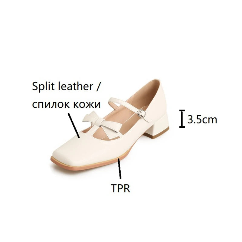 Futurecen  - Spring Women's Pumps Split Leather Shoes for Women Square Toe Chunky Heel Shoes Retro Butterfly Mary Janes Matrue Red Shoes