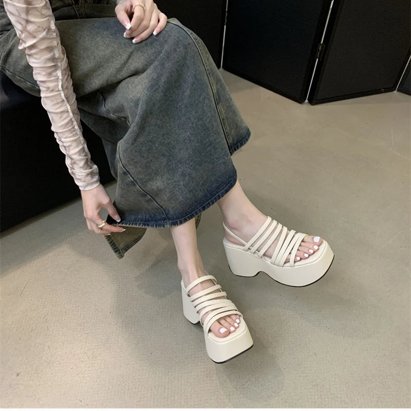 Futurecen 2024 Summer Platform Women Sandals Fashion Elegant Narrow Band Open Toe Shoes Ladies Outdoor Dress Wedges Heel Sandalias