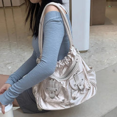 Futurecen  Y2k White Shoulder Bag for Women Pleated Soft Autumn New Trendy Tote Bag Multi-pocketed Large Capacity Handbag Sac