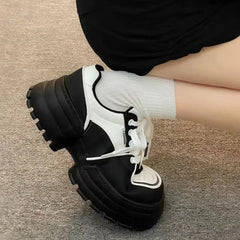 Futurecen  -  Pu Leather Lace-up Loafers Black White Heightening Small Leather Shoes Thick Sole Sneakers for Women