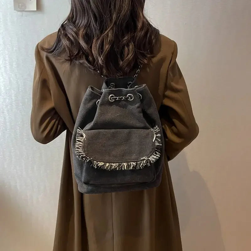 Futurecen  -  fancy bags Korean Casual Canvas Chain Bucket Bag New High-capacity Drawstring School Backpack Fashion Shopping Bag Travel Rucksack