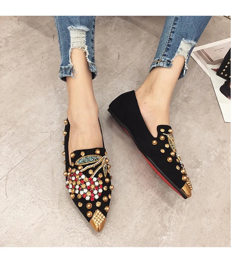 Futurecen Woman Flats Shoes Rhinestone Cherry Spring New Female Metal Pointed Toe Casual Shoes Comfortable Flat Shoes