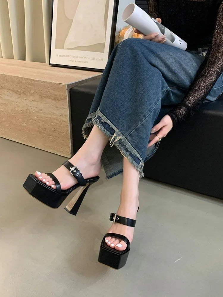 Futurecen Fashion Platform Buckle Strap Narrow Band Peep Toe Women Slippers Street Style Square High Heels Ladies Shoes