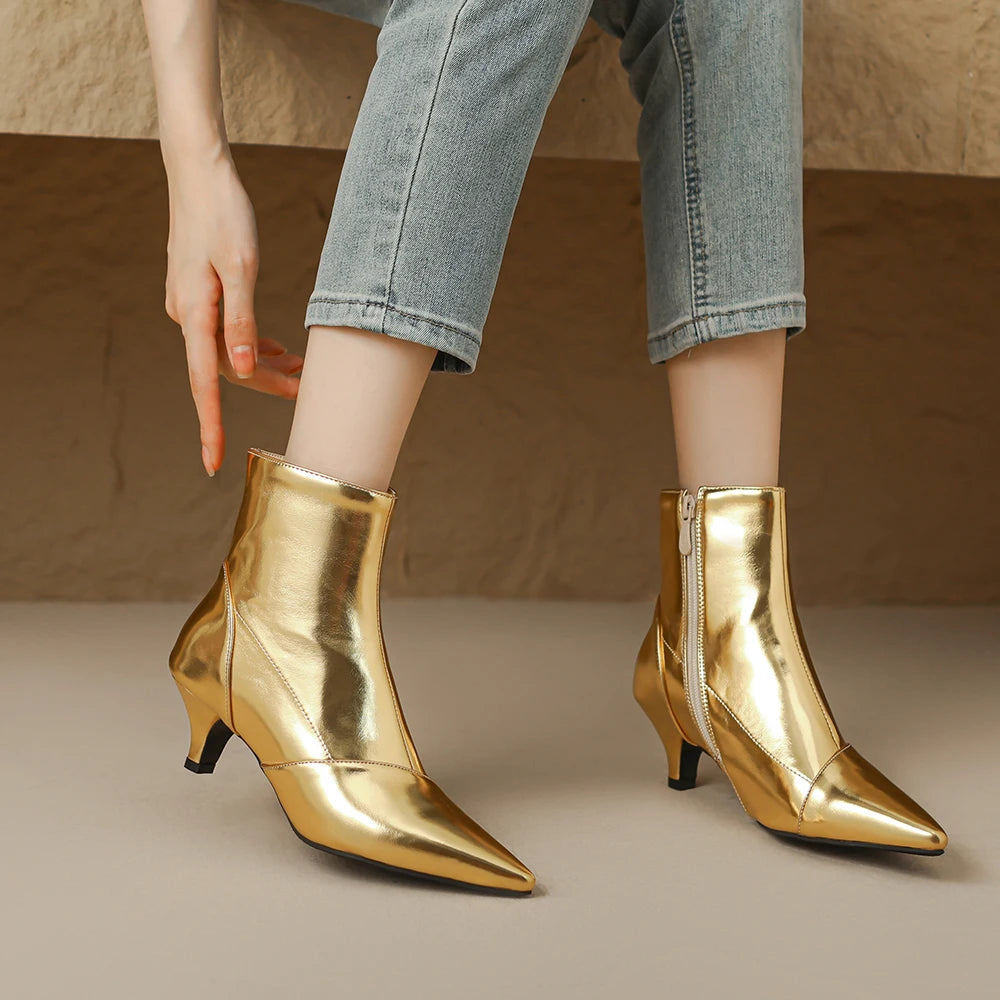 Pointed Toe Ankle Boots For Women Fashion Side Zippers Short Boots Female Slim Thin High Heels Gold Silver Shoes Booties