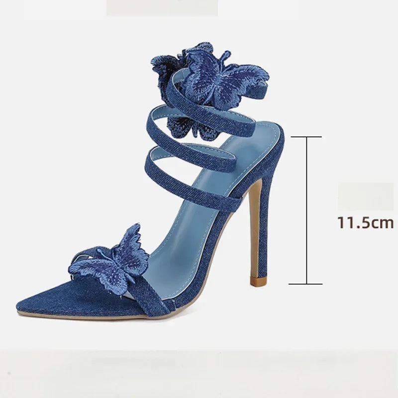 Futurecen Sexy Denim Butterfly-knot Thin Heels Women Sandals Hollow Out Ankle Strappy Shoes Summer Pointed Toe Zapatos Mujer