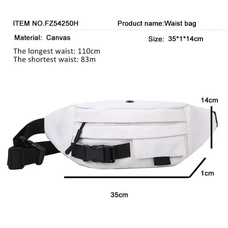 Futurecen  -  Waist Belt Bag Female Bag New Harajuku Style Slung Canvas Casual Running Sports Chest Bag White Fanny Pack Black Bum Bag