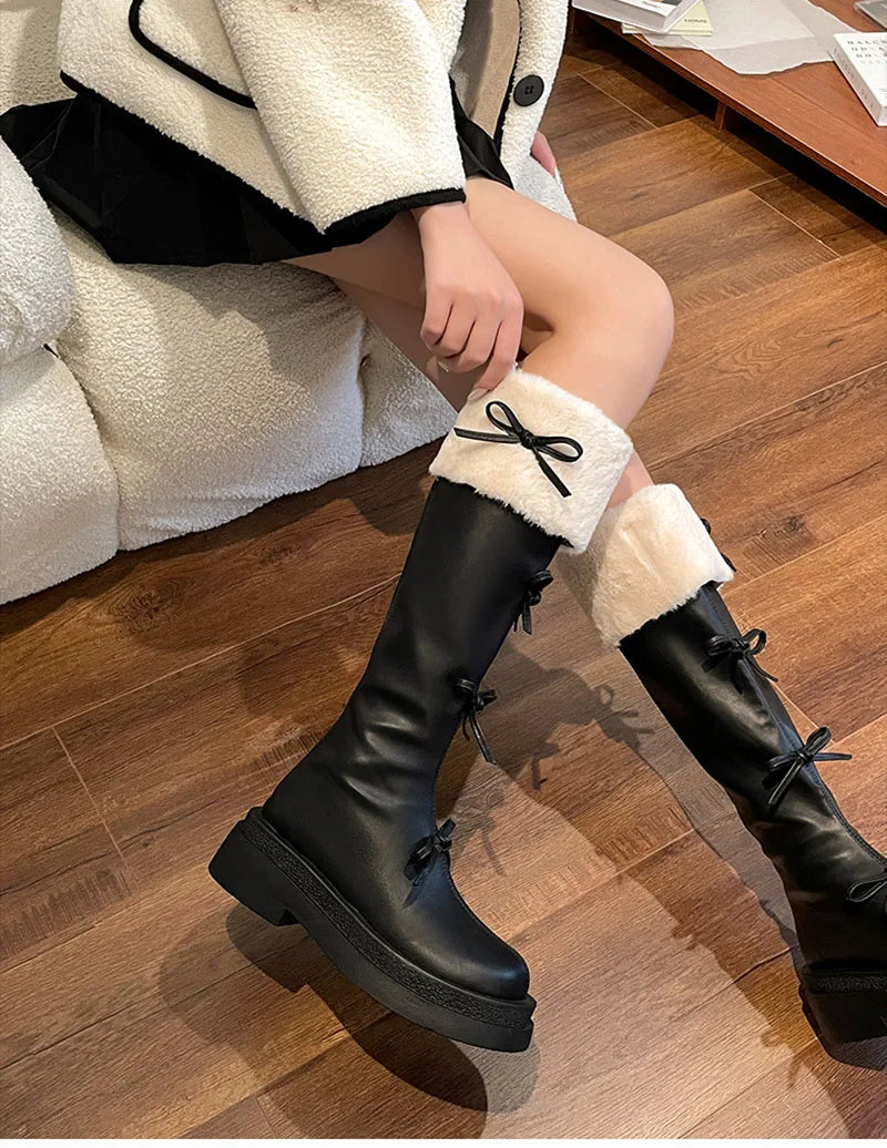 Futurecen Short Plush Women Knee High Boots Fashion Square Heel Ladies Elegant Back Zippers Long Knight Booties Winter Women's Footwear