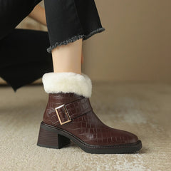 Futurecen NEW Winter Women Boots Round Toe Chunky Heel Ankle Boots Split Leather Shoes for Women Warm Wool Boots Women Platform Snow Boots