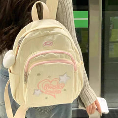 Futurecen  Sweet Cute Backpack for Women Heart Star Letter White Corduroy Handbag New College Style Fresh Casual Fashion Shoulder Bag