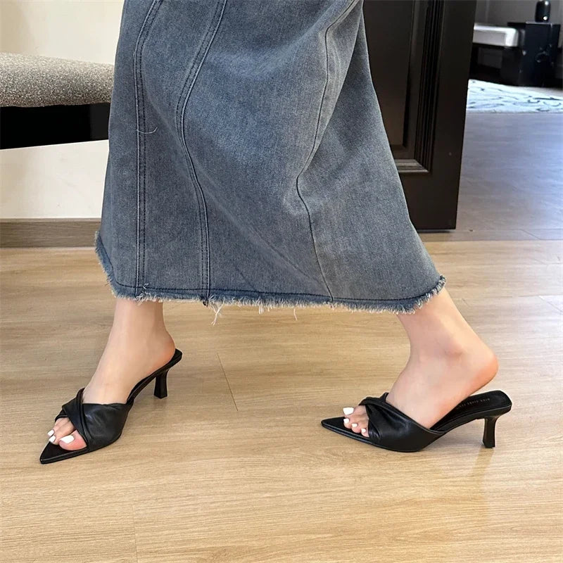 Futurecen Fashion Design Pleated Pointed Toe Women Slippers Elegant Thin Low Heels Summer Female Slide Shoes