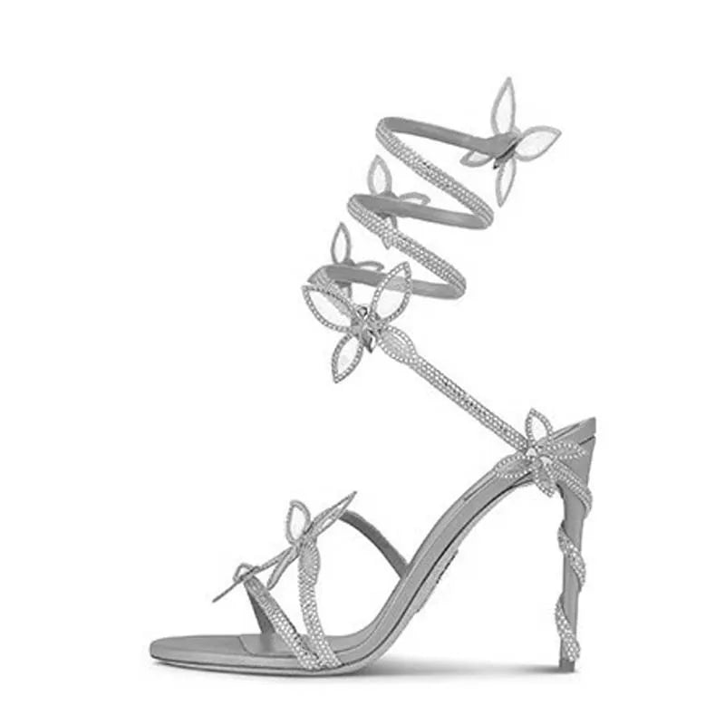 Futurecen Sexy Crystal Butterfly-knot Ankle Strap Sandals Woman Fashion Open Toe Stiletto High Heels Banquet Party Pumps Shoes