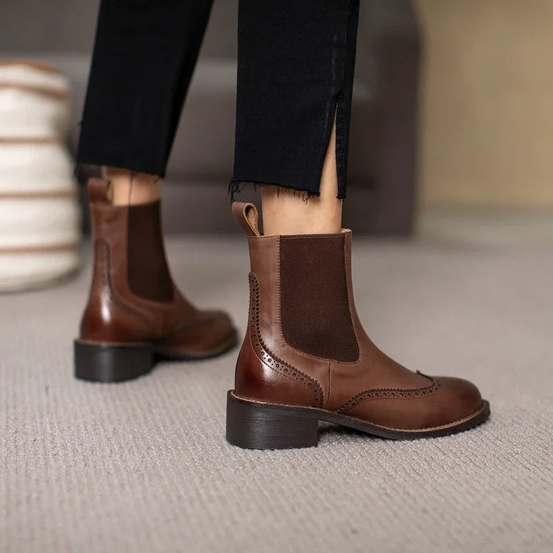 Futurecen  -  Winter/Autumn Chelsea Boots Genuine Leather Shoes for Women Retro Carved Boots Round Toe Ankle Boots British Style Women Shoes