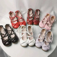 Futurecen NEW Lolita Shoes Princess Shoes Students Lovely Shoes Women Flats Low Round With Cross Straps Bow