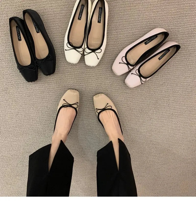 Classic Female Flats Ballerina Shoes Women Fashion Square Toe Pleated Ballet Bow Knot Shallow Moccasin Casual Loafer Sliver