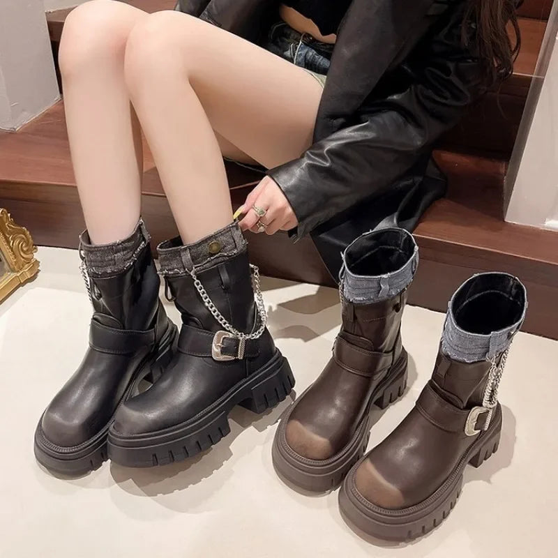 Futurecen  -  Women Mid Calf Boots Goth Street Cool Boots Women Splicing Leather Shoes Chunky Punk Outdoors Motorcycle Booties Autumn Winter