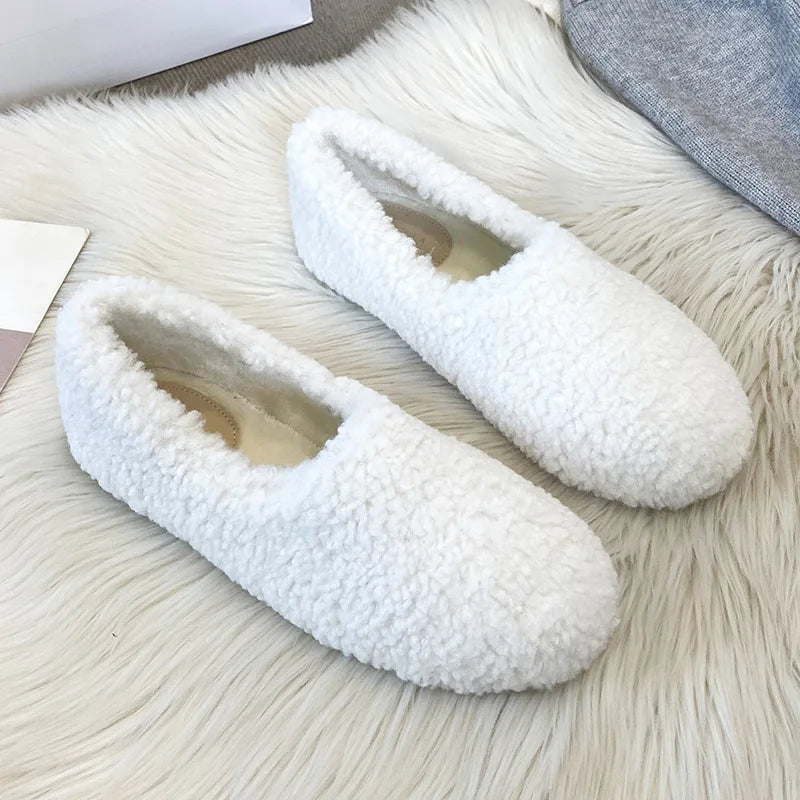 Futurecen  -  Plus Size 34-43 White Lambswool Loafers Woman Winter Cotton Shoes Warm Plush Mocasines Mujer Ladies Daily Sheep Fur Flats