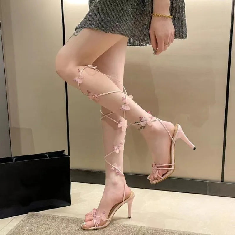 Futurecen  -  Summer Spicy Girl Pink High Heels Butterfly Lace High Top Sandals Women's Sexy Thin Heel Party Dress Shoes 35-41