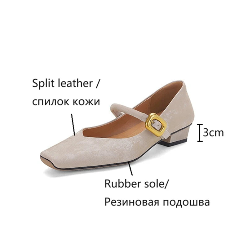 Futurecen  -  NEW Spring/Autumn Women Pumps Square Toe Chunky Heel Shoes Split Leather Shoes for Women Elegant High Heels Buckle Mary Janes