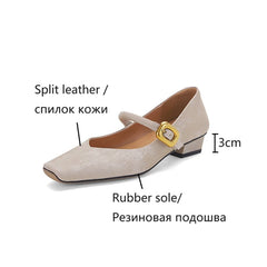 Futurecen  -  NEW Spring/Autumn Women Pumps Square Toe Chunky Heel Shoes Split Leather Shoes for Women Elegant High Heels Buckle Mary Janes