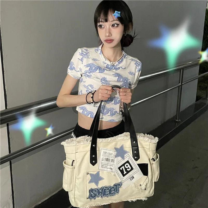 Futurecen  -  fancy bags Girls Y2k White Shoulder Bags Large Capacity Star Pattern Grunge Tote Handbag Korean Style Women’s Summer Cool Hiphop Pack Ins