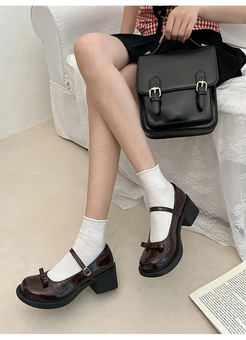 Futurecen Vintage Ankle Buckle Mary Jane Shoes Women Patent Leather Thick Heels Pumps Woman Japanese Style Platform Uniform Lolita Shoes