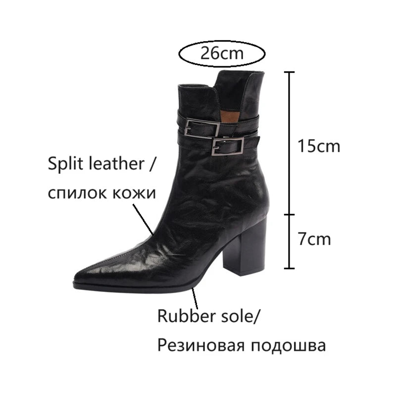 Futurecen  - NEW Autumn Women Boots Pointed Toe Chunky Heel Boots Split Leather Shoes for Women Short Modern Boots Winter Belt Buckle Boots