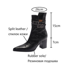 Futurecen  - NEW Autumn Women Boots Pointed Toe Chunky Heel Boots Split Leather Shoes for Women Short Modern Boots Winter Belt Buckle Boots