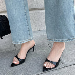 Futurecen  Summer Fashion Low Thin Heels Women Slippers Gladiator Sandals Cozy Patent Leather Pointed Toe Slip-On Slides Shoes Mules