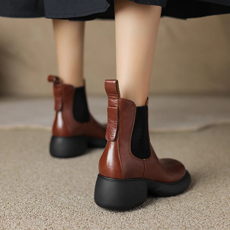 Futurecen NEW Autumn/Winter Women Boots Genuine Leather Shoes for Women Round Toe Chunky Heel Boots Slip-on Platform Boots