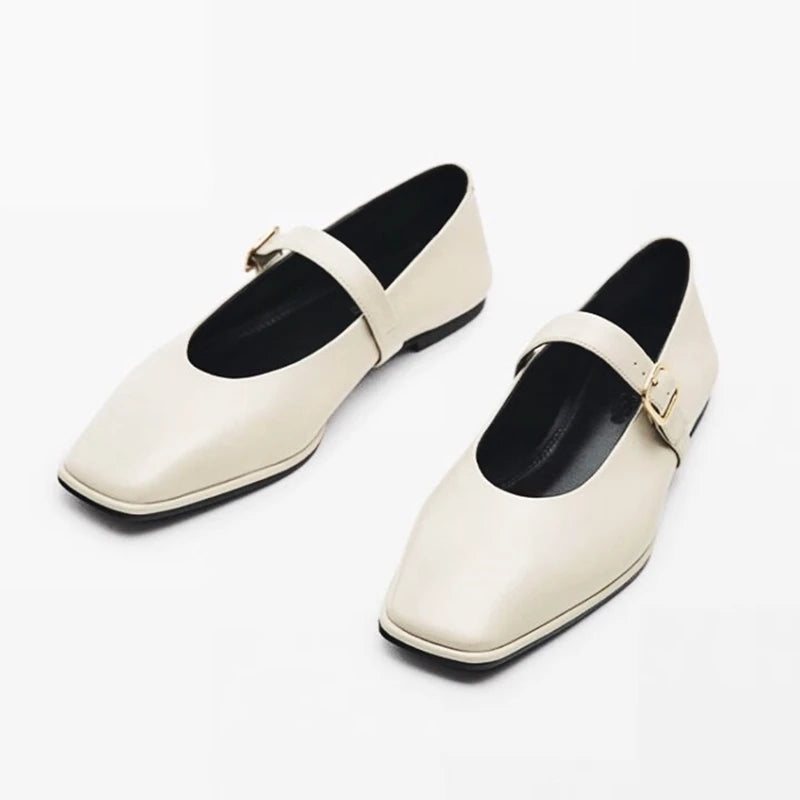 Futurecen Mary Jane Shoes Female Genuine Leather 2024 New Snap Ballet Shoes Women Square Toe Flat Sheepskin Ladies Shoes