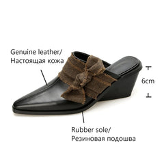 Futurecen NEW Summer Women Mules Genuine Leather Shoes for Women Cover Toe Wedges Slippers Bow Knot Pointed Toe Black Women Sandals