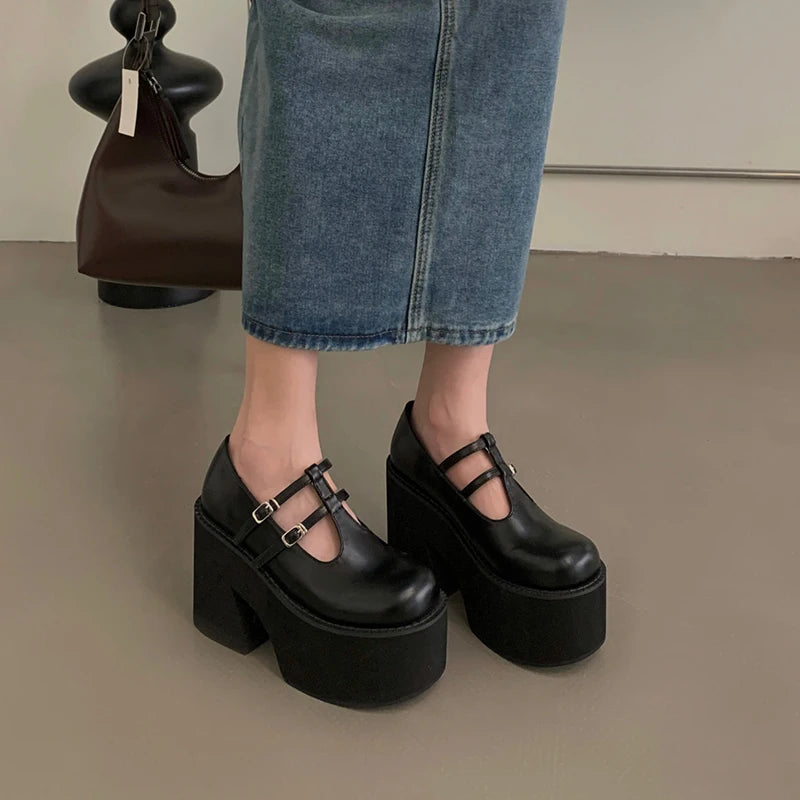 Futurecen Buckle Platform Lolita Gothic Shoes Woman Spring College Style Genuine Leather Pumps Women Japan School Uniform Shoes Thick Heel