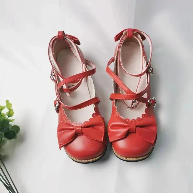 Futurecen NEW Lolita Shoes Princess Shoes Students Lovely Shoes Women Flats Low Round With Cross Straps Bow