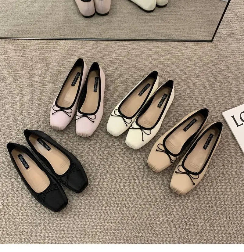 Classic Female Flats Ballerina Shoes Women Fashion Square Toe Pleated Ballet Bow Knot Shallow Moccasin Casual Loafer Sliver