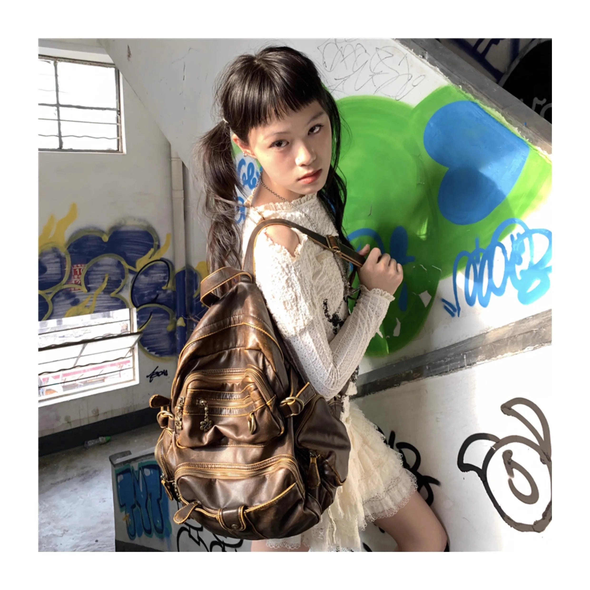 Futurecen Vintage Y2k Women Backpack Brown Original Casual Large Capacity Leather Men Travel Backpack Designer Fashion Female Bag