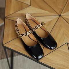 Futurecen  -   Spring Women Pumps Patent Leather Round Toe Splicing Leopard Print One-line Buckle Low-heel Women Shoes Mary Jane Shoes