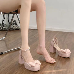 Futurecen  -  French Elegant Bow Thick Heeled High Heels Women's Sandals New Fairy Style Mary Jane Shoes Brand Designer Shoes