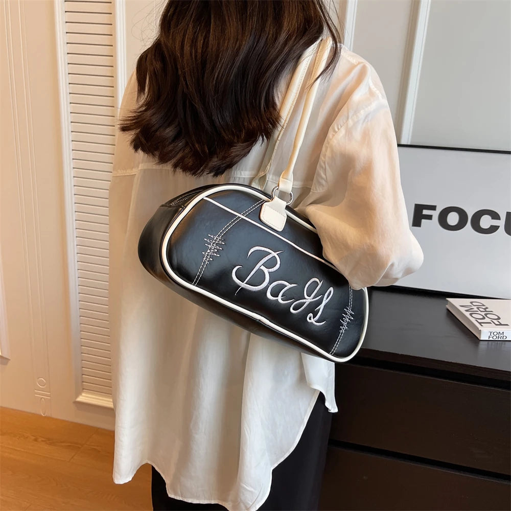 Futurecen Retro Bowling Shoulder Bags For Women Letter Embroidery Solid Color Long Handle Boston Bag Luxury Designer Handbags