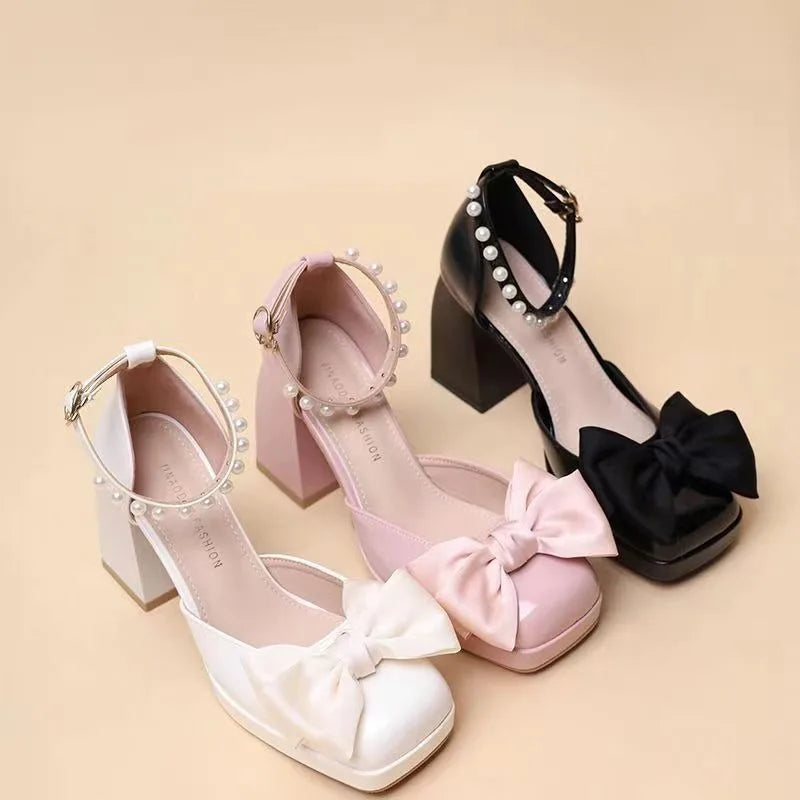 Futurecen  -  French Elegant Bow Thick Heeled High Heels Women's Sandals New Fairy Style Mary Jane Shoes Brand Designer Shoes