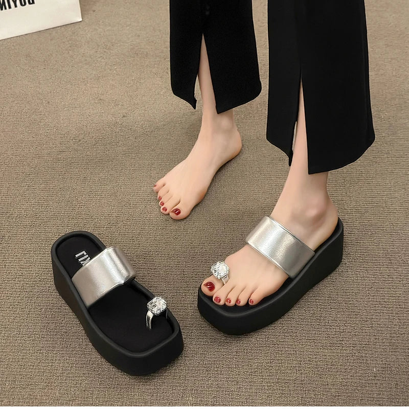 Futurecen 2024 Summer Crystal Women Slipper Fashion Comfort Clip Toe Ladies Platform Wedges Heel Slides Beach Sandal Shoes