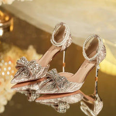 Luxury Pointed Toe Women Rhinestone Butterfly Pearl Gold High Heels Silver High Heel Sandals Party Wedding Shoes Plus Size