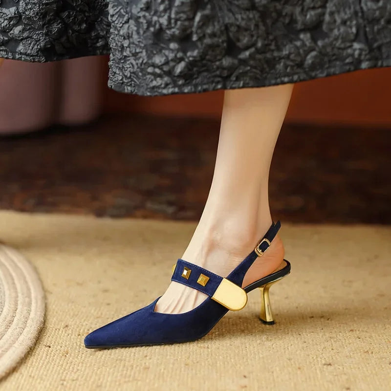 Futurecen Woman Navy Blue Suede Pumps Thin High-Heeled Buckle Slingbacks Shoes Women's Punk Studs Pumps Brown 33-40 Spring Summer