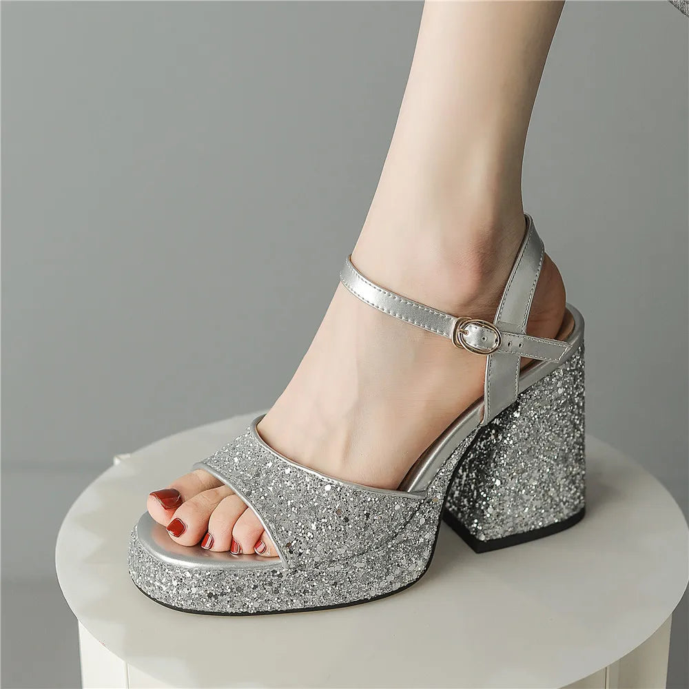 Women Shiny Sequin Platform Sandals Silver Gold Party Shoes Summer Heels Chunky Heel Peep Toe Sequined Shoes Ladies Sandal