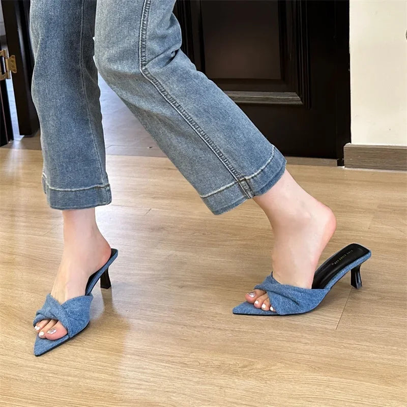 Futurecen Fashion Design Pleated Pointed Toe Women Slippers Elegant Thin Low Heels Summer Female Slide Shoes