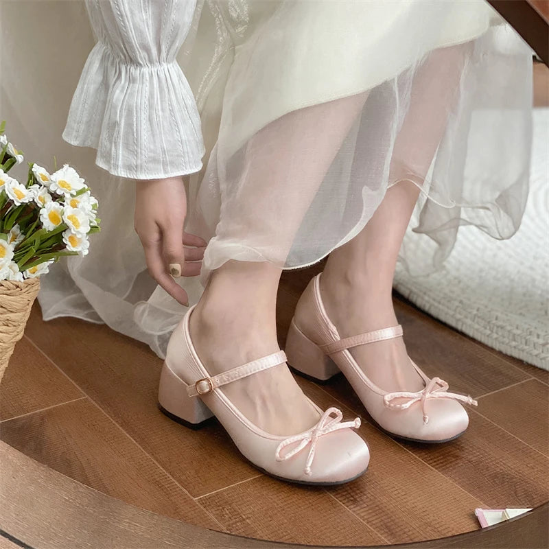 Futurecen New Spring Autumn Thick Heel Pink Shoes Elegant Bow Lolita Shoes College Girls High Heels Fashion Women Sandals