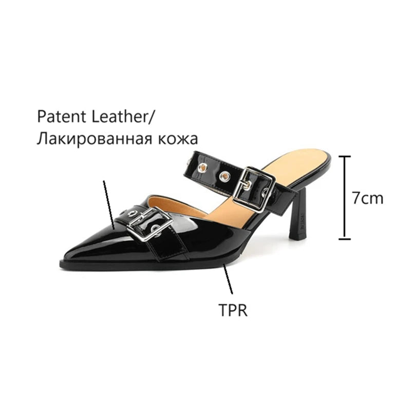 Futurecen NEW Summer Women Sandals Patent Leather Shoes for Women Cover Toe Thin Heel Slippers Belt Buckle Mules Ponited Toe Women Shoes