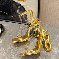 Futurecen  2024 New Fashion Metal Hollow Out Strange Heels Gladiator Sandals Women Golden Silver Square Toe Wedding Party Prom Shoes